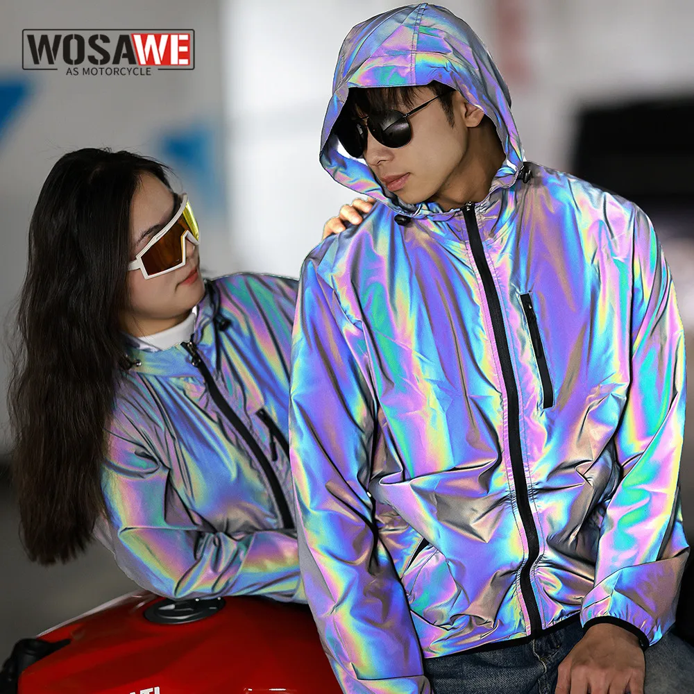 WOSAWE motorcycle Reflective jacket men women Streetwear Noctilucent jacket waterproof hooded hip-hop night shiny coats