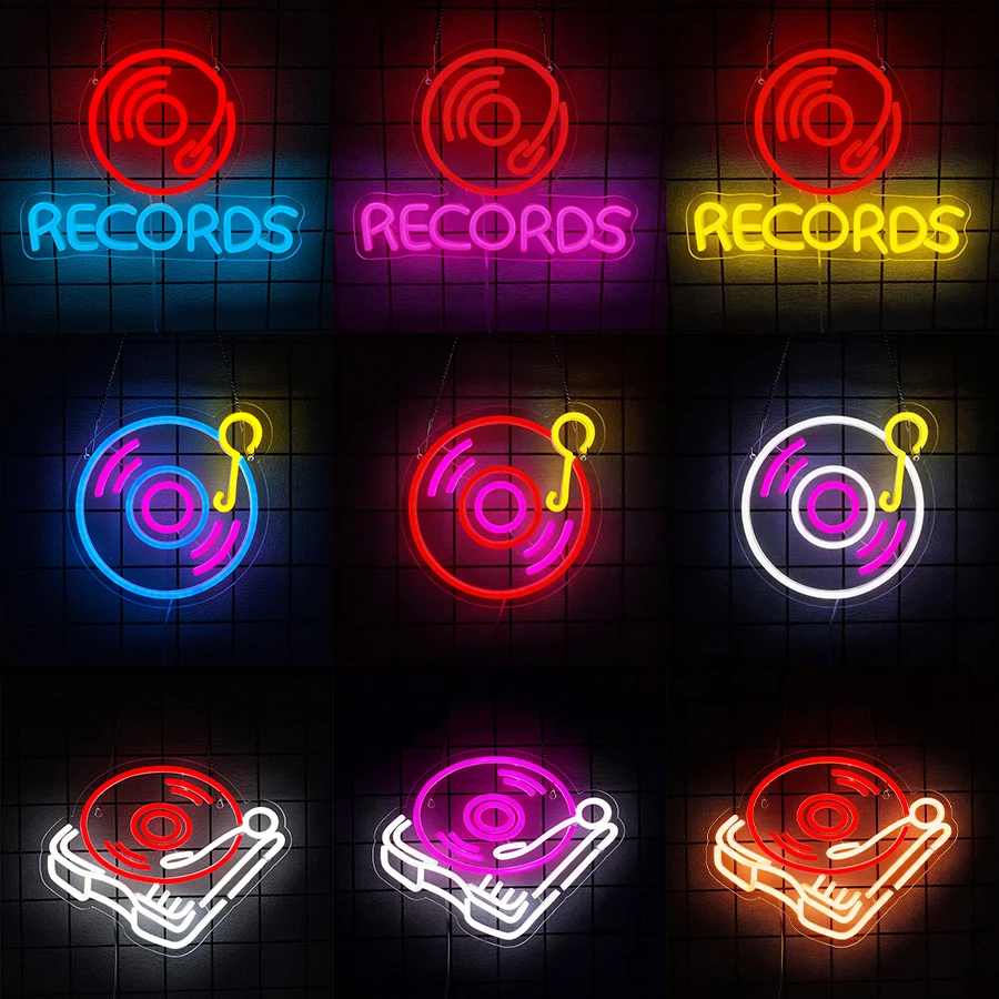 Music Records LED Neon Lights Sign for Wall Decor Retro Music LED Light Up Sign for Bedroom Studio Stage Beer Bar Party Gift