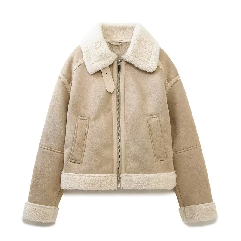 Apricot Lapel Furry Jacket Fluffy Loose Zippers Cold Jacket Warm Thick Stylish Casual New Winter Women‘s Outerwears Fancy Street