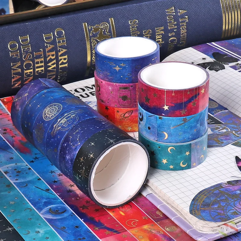 12 pcs/set 15mm*2m Universe Planet Gold Foil Washi Tape Set Masking Tapes Scrapbooking Diy Journaling Decor Art Supplies Gift