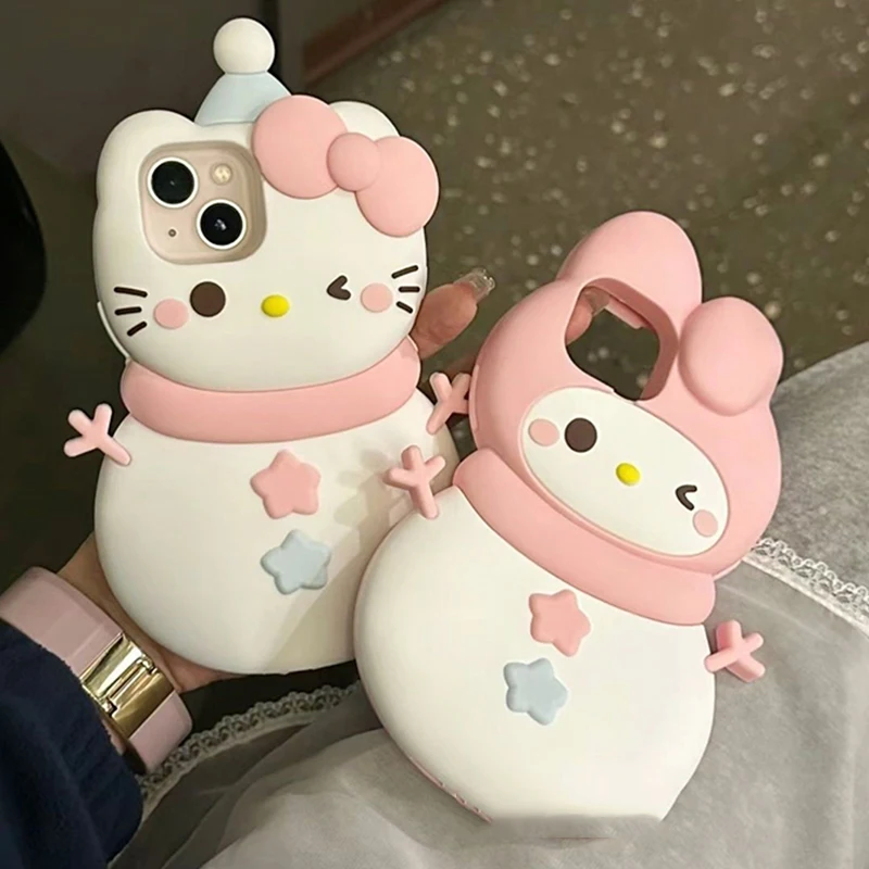 Sanrios Hellokittys Mymelody Phone Case for Iphone 15 14 13 Pro Max 12 Cute Cartoon Snowman Silicone Shockproof Back Cover Funda