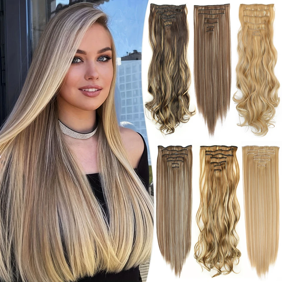 Estilo lacio largo, 16 clips, set de 7 piezas, extensiones de cabello sintético natural rubio y negro, resistente al calor para mujer