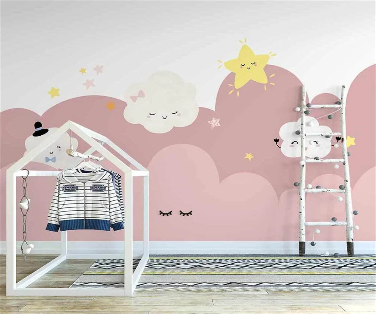 Custom mural wallpaper Nordic hand-painted cute pink clouds starry children's room background wall 3d wallpaper papier peint