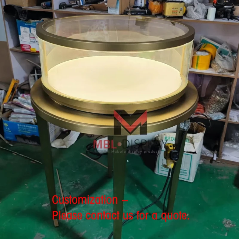 custom.Modern Gold Jewellery Display Counter Showcases Round Glass Display Shelves Display Racks