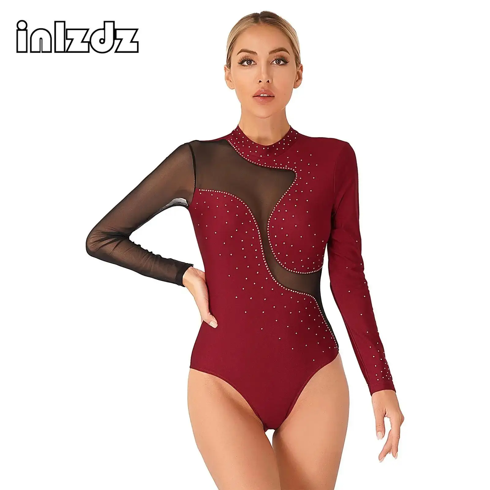 

Womens Gymnastics Dance Shiny Rhinestone Color Block Bodysuit Sheer Mesh Keyhole Back Leotard for Acrobatics Figure Skating