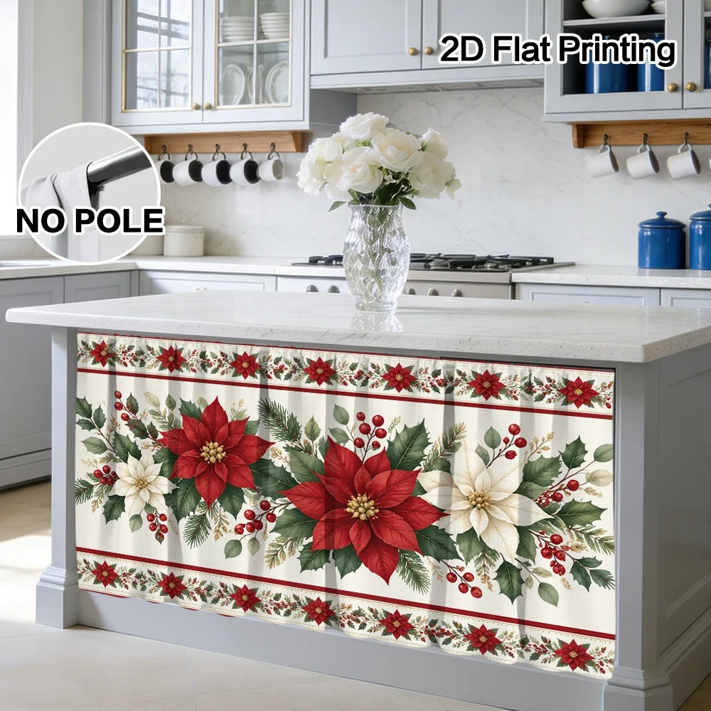 VIKAMA Red White Poinsettia Floral Kitchen Cabinet Curtain Rod Pocket Window Valance Sink Skirt Tier Panel Christmas Decor