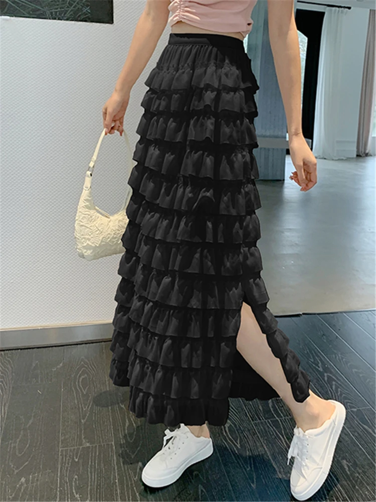 Seoulish High Waist Women's Party Pleated Cake Skirts Spring Summer Chiffon Korean Casual A-Line Mi-long Skirts Female 2023 New