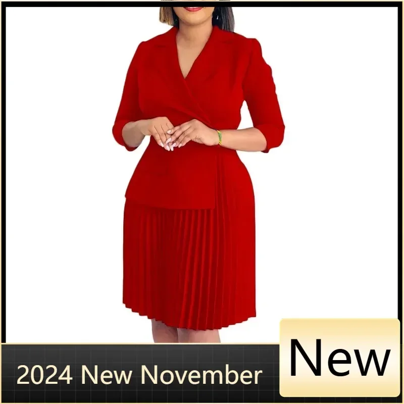 

Customized Autumn Fashion African 3/4 Sleeve V-neck Polyester Pleat Midi Dress Dashiki African Dresses for Women Ankara Dresses