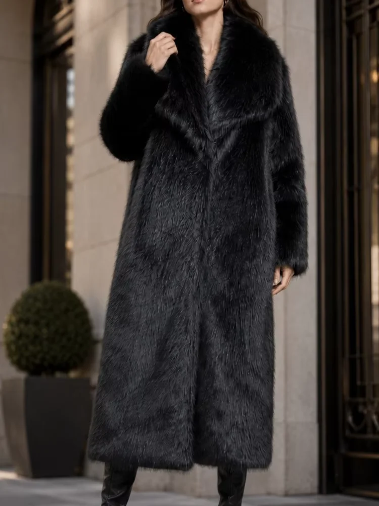 Ladies Black Faux Fur Long Maxi Coat Big Shawl Collar Single Button Loose Fit Jackets 2026 Winter Warm Luxury Party Outerwear
