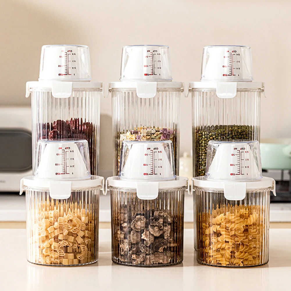 Contenedor de almacenamiento de cereales de cocina, contenedor organizador de cocina con boquilla para verter, taza medidora, tapa, caja de almacenamiento de granos y varios