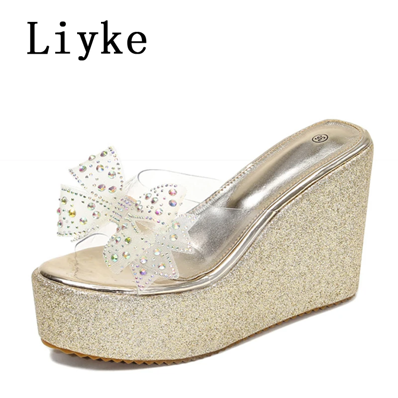 Liyke PVC Transparent For Women Golden Silver Sequined Platform Slippers Crystal Bowknot Ladies Sandals Wedge High Heels Slides