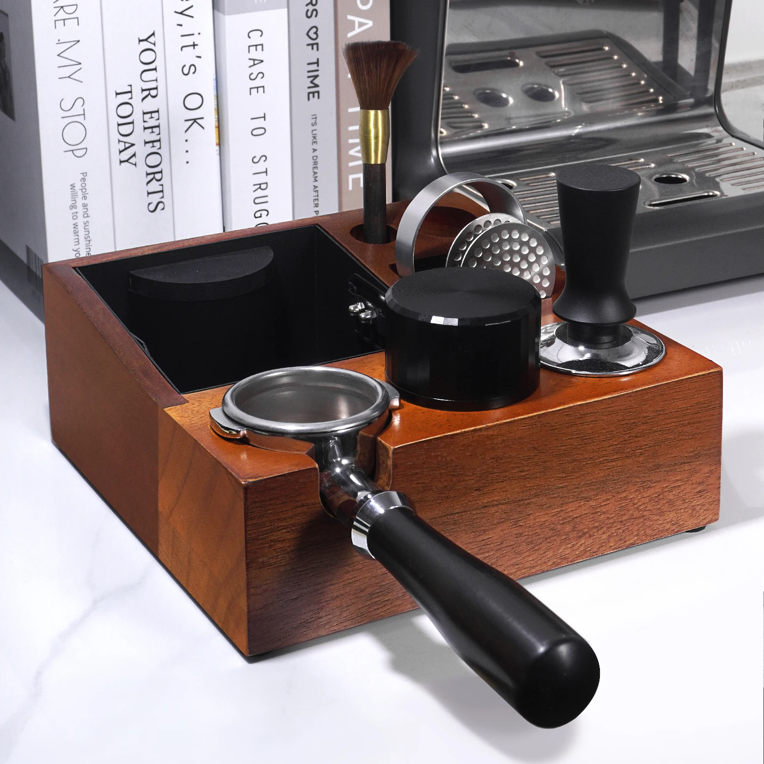 

Multifunctional coffee handle bracket, powder pressing seat, coffee utensils storage base, mahogany wood slag box