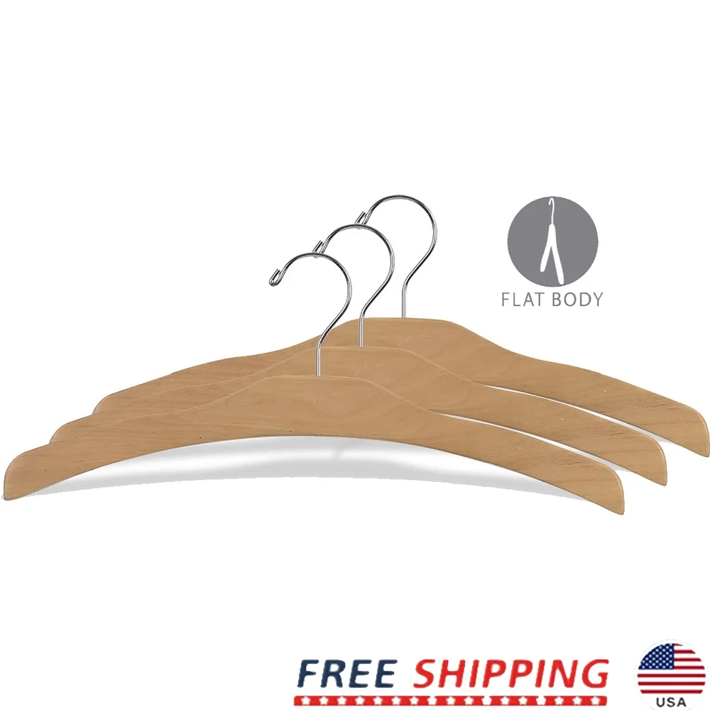 

Arched Wooden Hanger Set of 25 Space Saving 17 Inch Flat Hangers with Chrome Swivel Hook and Notches Shirts