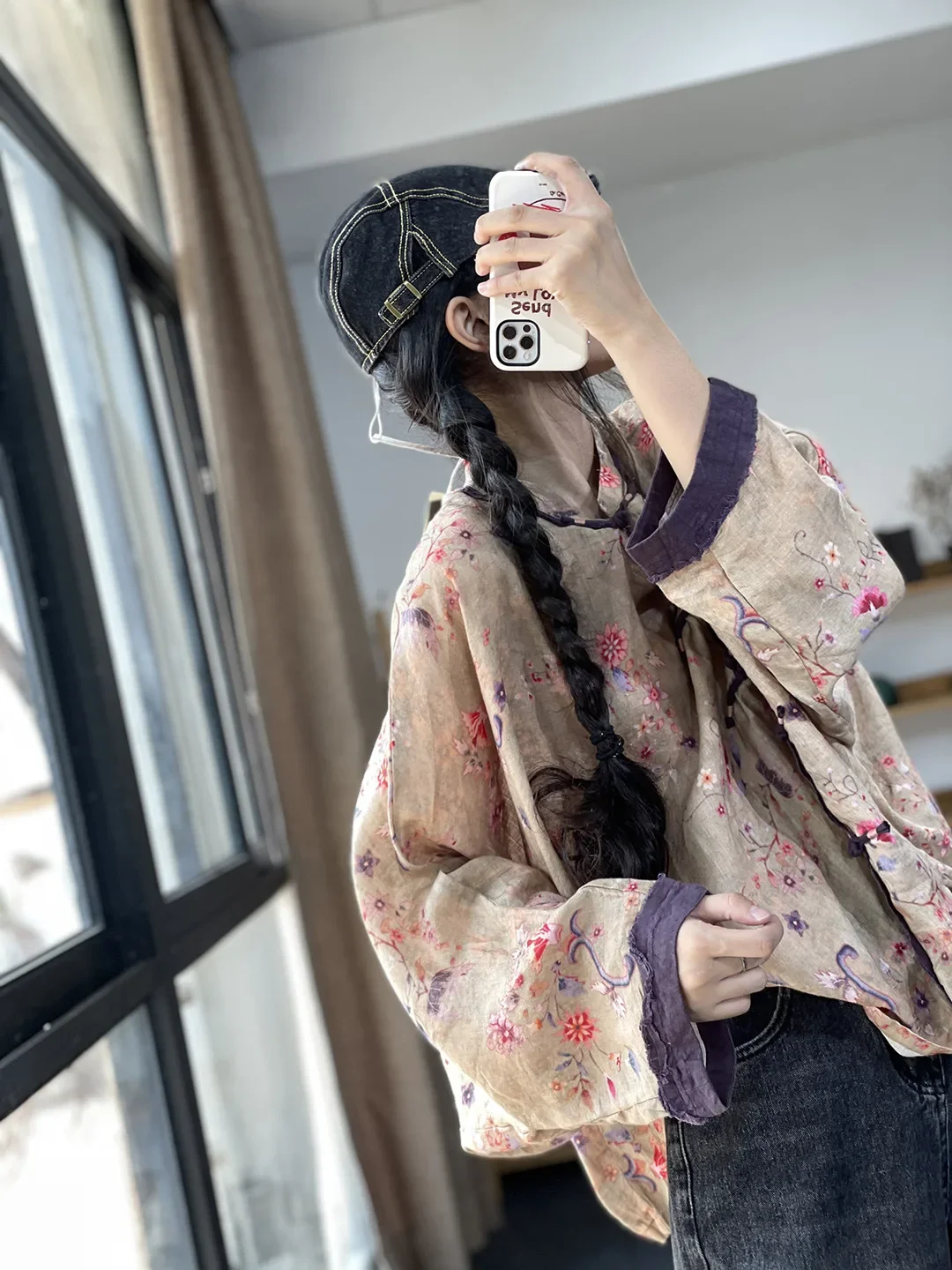 Flower Print Linen Women Blouse Loose Chinese Style Long Sleeve Top