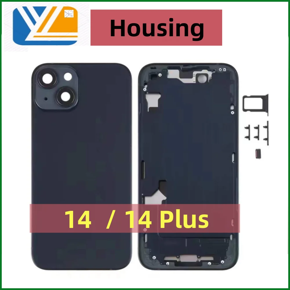 for iPhone 14 14Plus Back Housing Battery Door Glass Cover Back Glass+Middle Frame Chassis+Steel Plate+SimCard Tray+Side Buttons