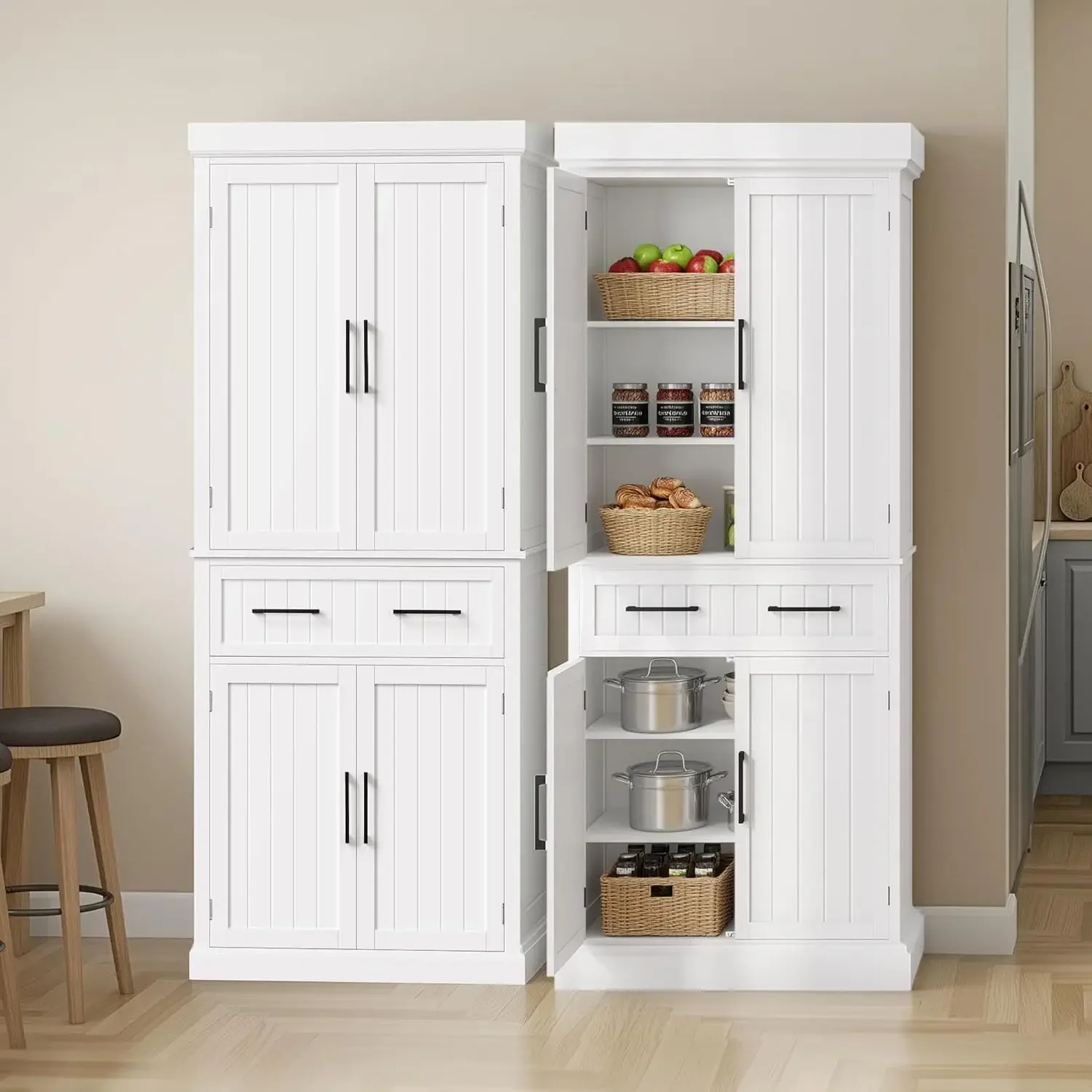 Kitchen Pantry Storage Cabinet with 4 Doors and 2 Adjustable Shelves, 72.5' Freestanding Tall