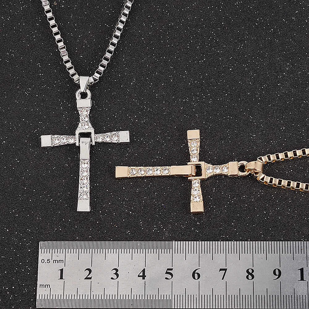 Fast and Furious Movies Actor Dominic Toretto  Rhinestone Cross Crystal Pendant Chain Necklace Men Jewelry Fashion Jewelry