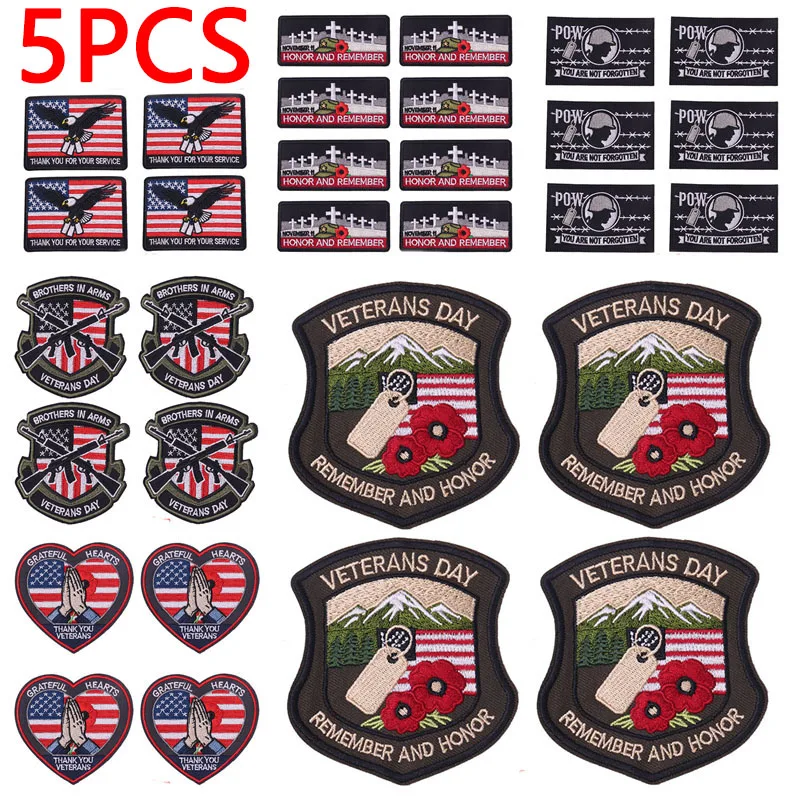 5 Stück Veteranentag-Aufnäher, Armee-Helden, Moral- und Ehren-Aufnäher, bestickte Patches für Kleidung, DIY-Aufnäher zum Aufbügeln für Kleidung, Abzeichen-Dekoration