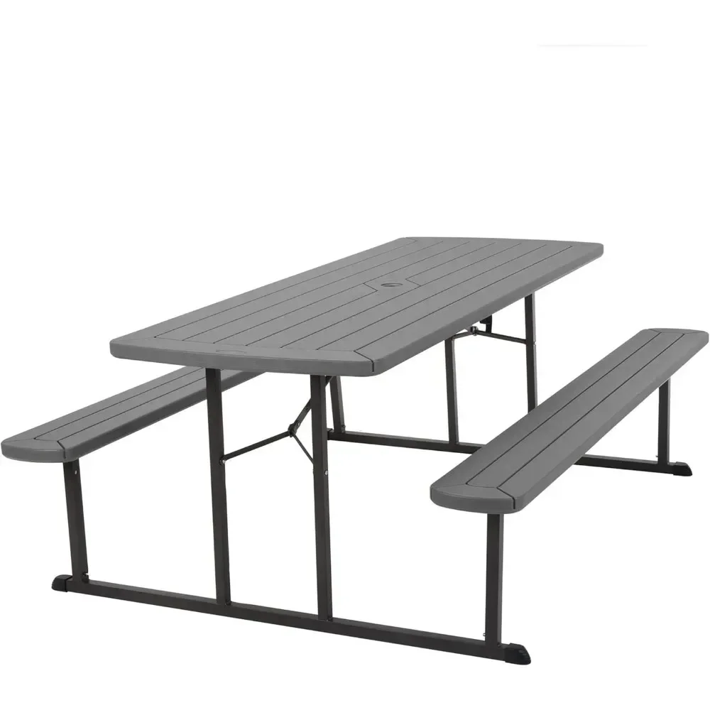 Outdoor Living 6 Ft. Folding Picnic Table, Dark Gray Wood Grain Resin with Gray Steel Legs, Outdoor Tables