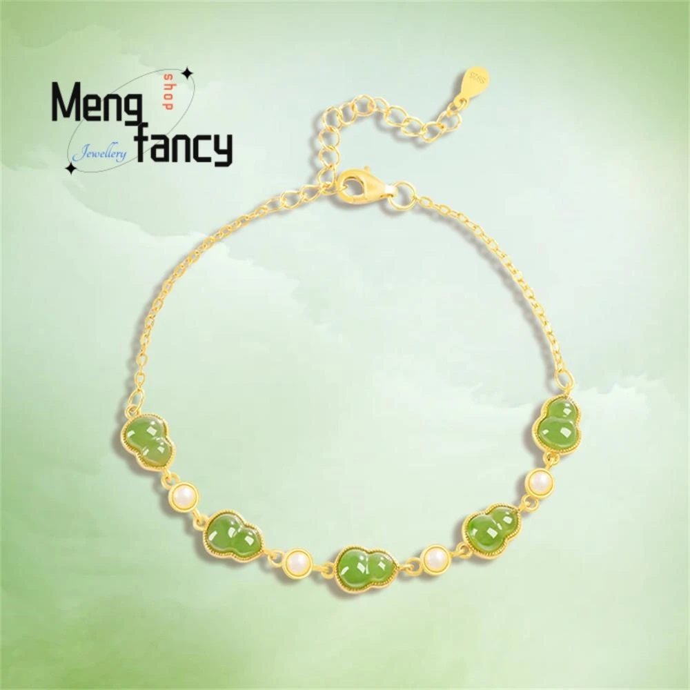 

Natural Old Material Hetian Jade Gourd S925 Silver Inlaid Bracelet High-grade Fashion Jewelry Couple Luxury Popular Holiday Gift