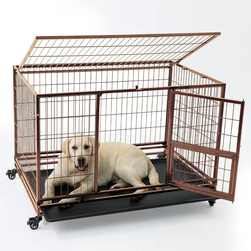 

43 Inch Heavy Duty Dog Crate with Wheels, Folding Metal Dog Cage for Small/Medium and Large Dogs, Indestructible Dog Crate with