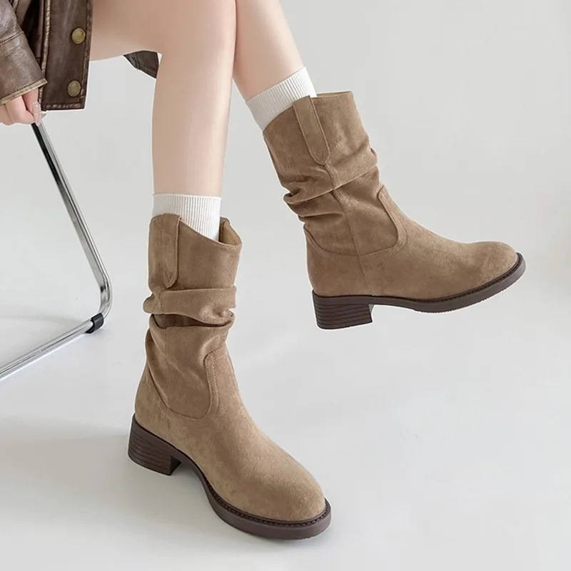 Autumn Fashion High Quality Round Head Vintage Ankle Boots Suede Low Heel Women Warm Knight Slip on Party Boots Women