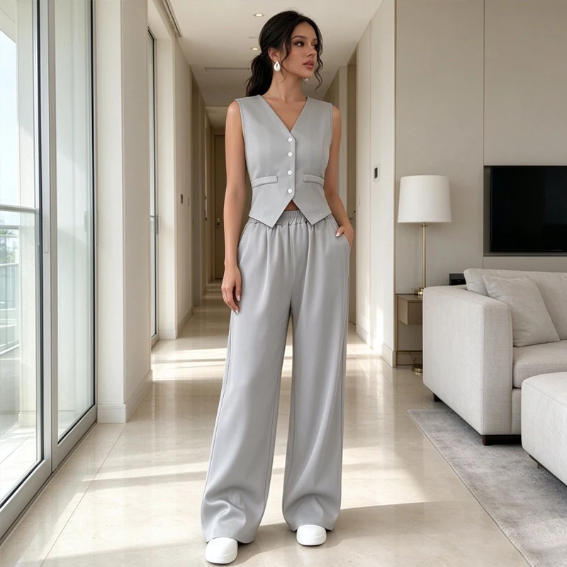 Office Buttons Pockets Tops Wide Leg Pants Women's Matching Sets Korean Fashion Kpop Sexy 2 Pieces Set Woman Quality Clothes