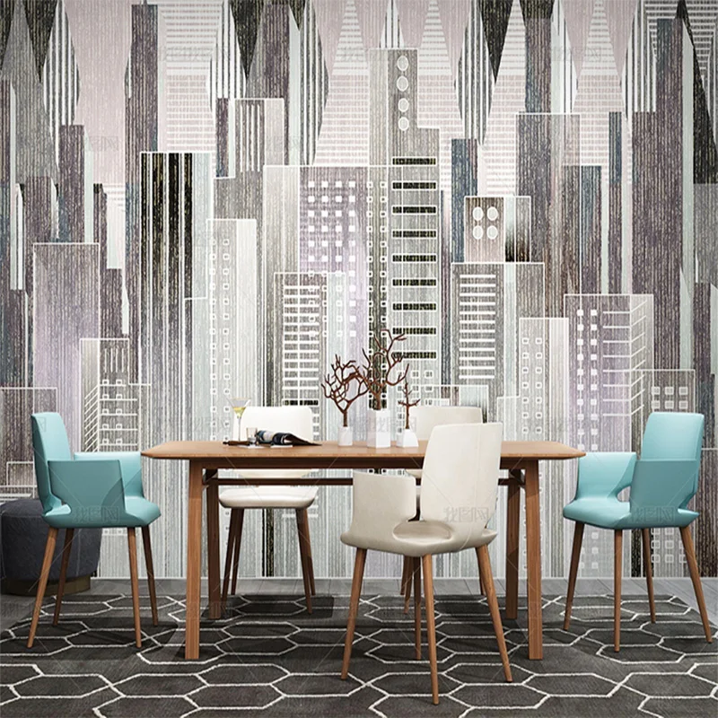 Customized Modern simple wallpaper Nordic city building line geometry TV living room background wall decorative mural 3D bedroom