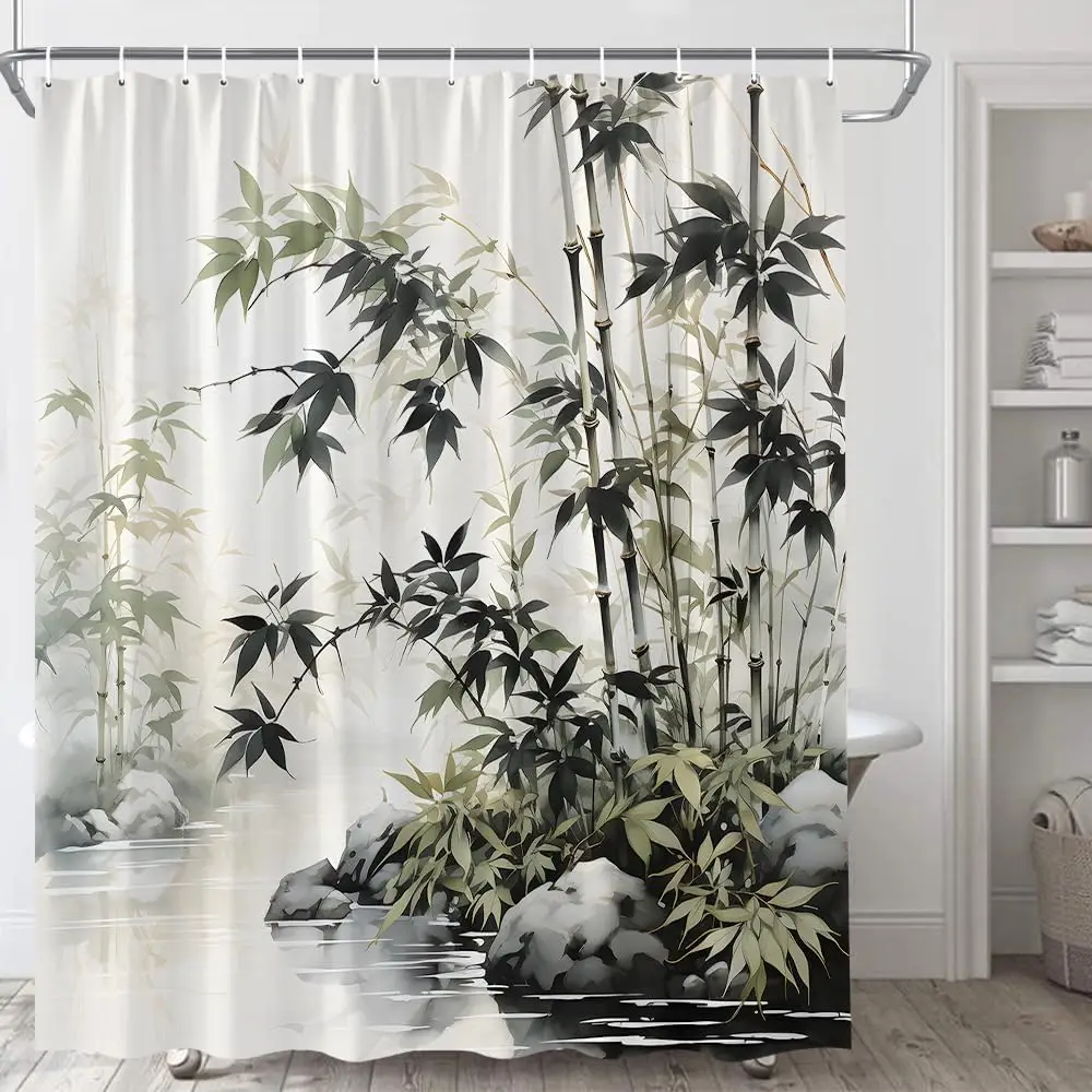 

Азиатская занавеска для душа, винтажная японская картина тушью, зеленое растение, лист, лес, водный пруд, камень, дзен-спа, расслабляющая, деревенская, дикая природа