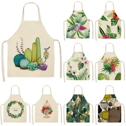 1Pc Tropical Plants Cactus Kitchen Chef Apron for Women Home Cooking Baking Coffee Shop Cotton Linen Cleaning Aprons 55x68cm