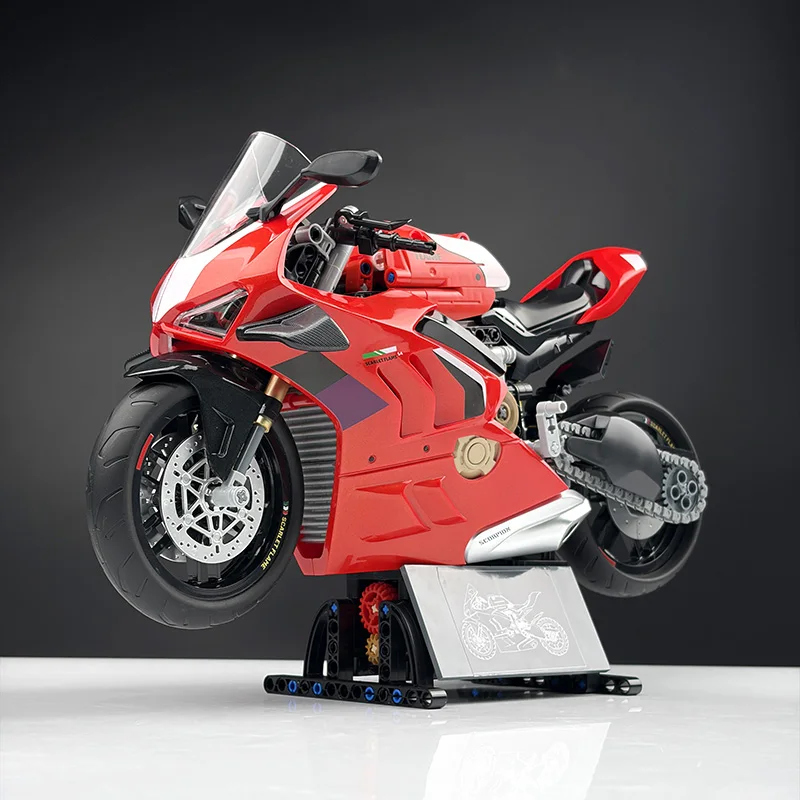 

MOC Red Racing Motorcycle Building Blocks, High-Precision Technic Bricks with Working Chain & Suspension, Collectible Model for