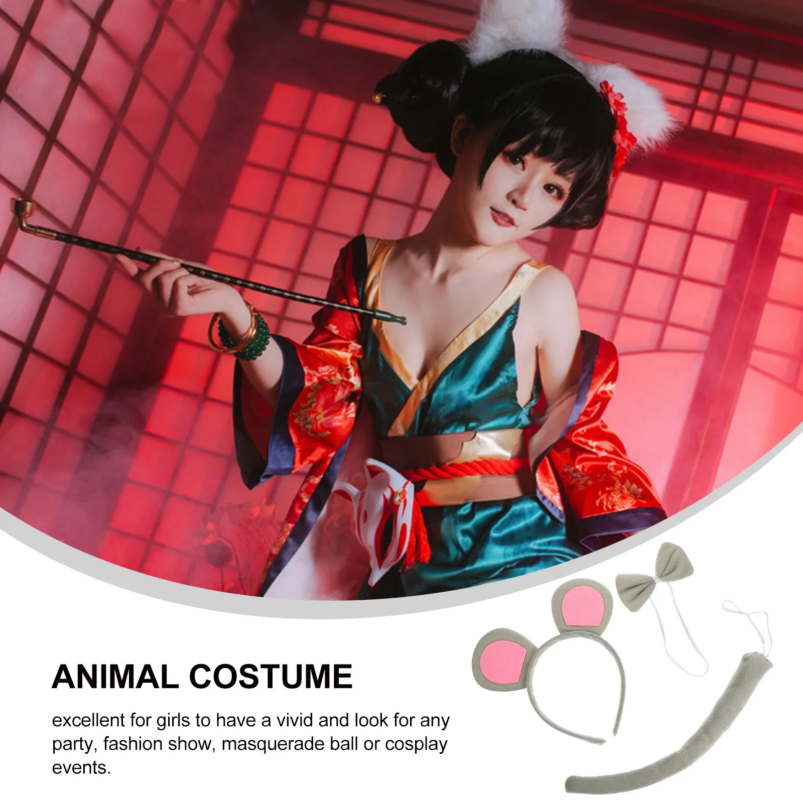 2er-Set Maus-Ohr-Stirnband, Fliegen, Schwanz-Set für Kinder, Mädchen, Einheitsgröße, Stoff, Cosplay, Kostüm, Party-Zubehör, Maskenball, Event