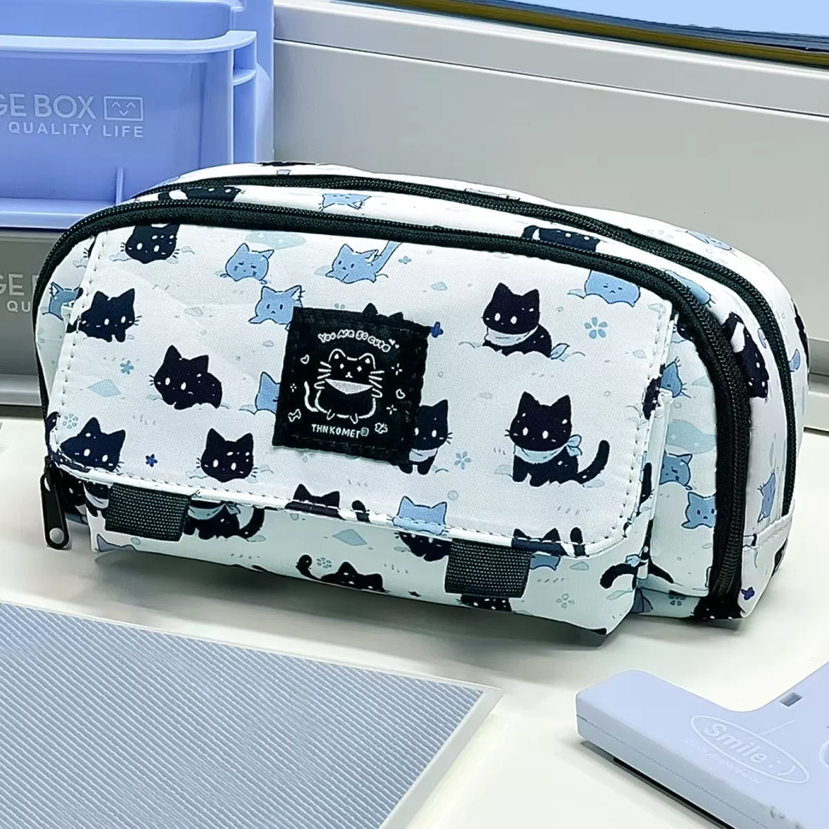 1PC Creative Multi-Layer Kitten Print Pencil Case, Stylish and Portable School Supplies and Office Desk Storage Decoration