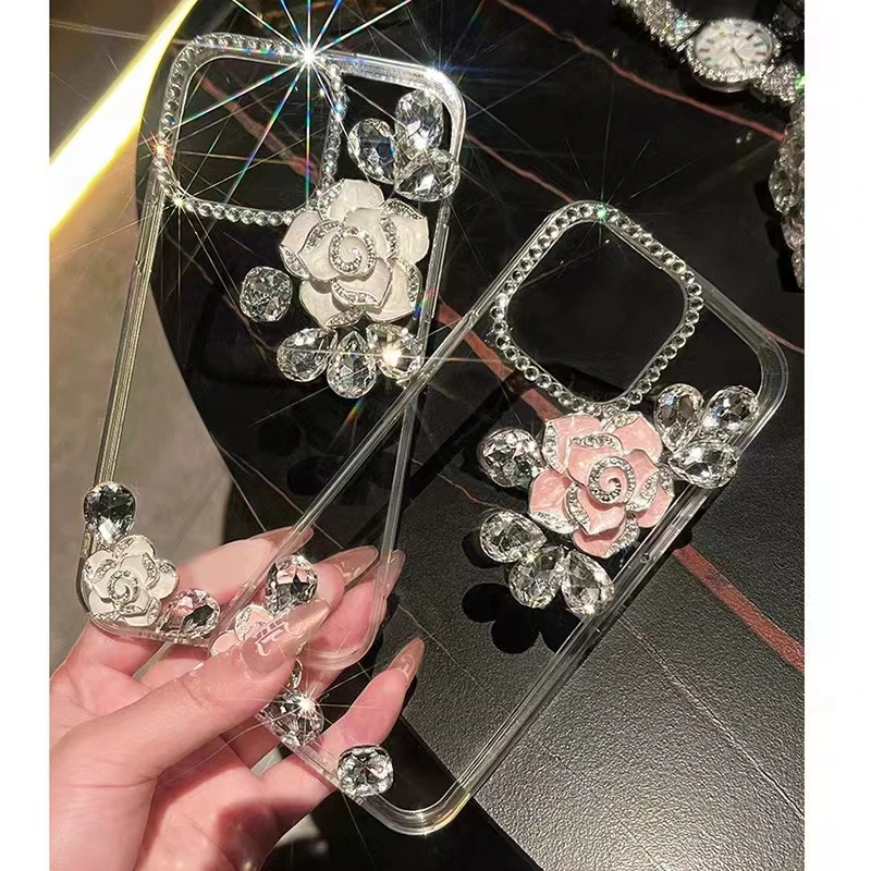 Sunjolly Camellia Rhinestone Case for Samsung Galaxy S24 Plus S23 Ultra S22 S21 FE S20 Plus Phone Cover Diamond Crystal Cases