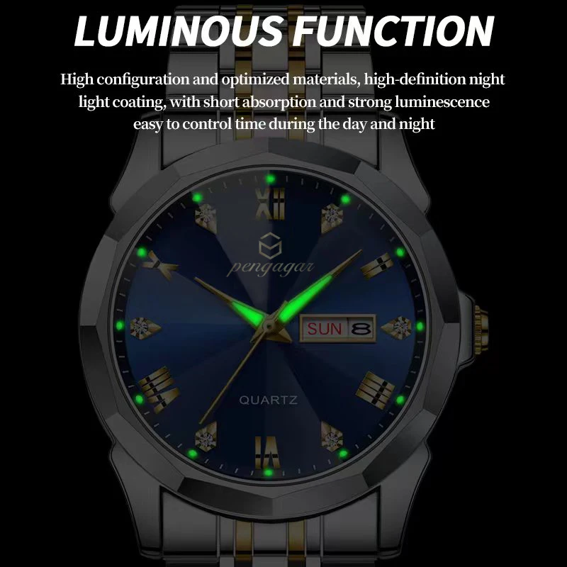 Men Watch Water Diamond Luxury Night Glow Double Calendar Quartz Movement 41mm Blue Gold Stainless Steel Fashion Business Watch