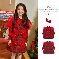 2024 spot BE children's New Year clothing Autumn and winter girls Korean version red plaid thickened dress Children's New Year p