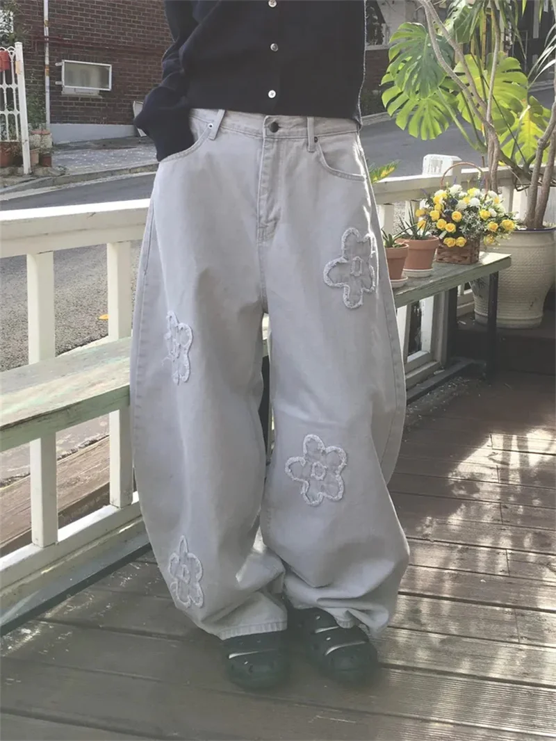 

Retro Waed Knife Denim Jeans Women's Sweet Cool Personali Wide Leg Casual Long Pants Floor Length Pants