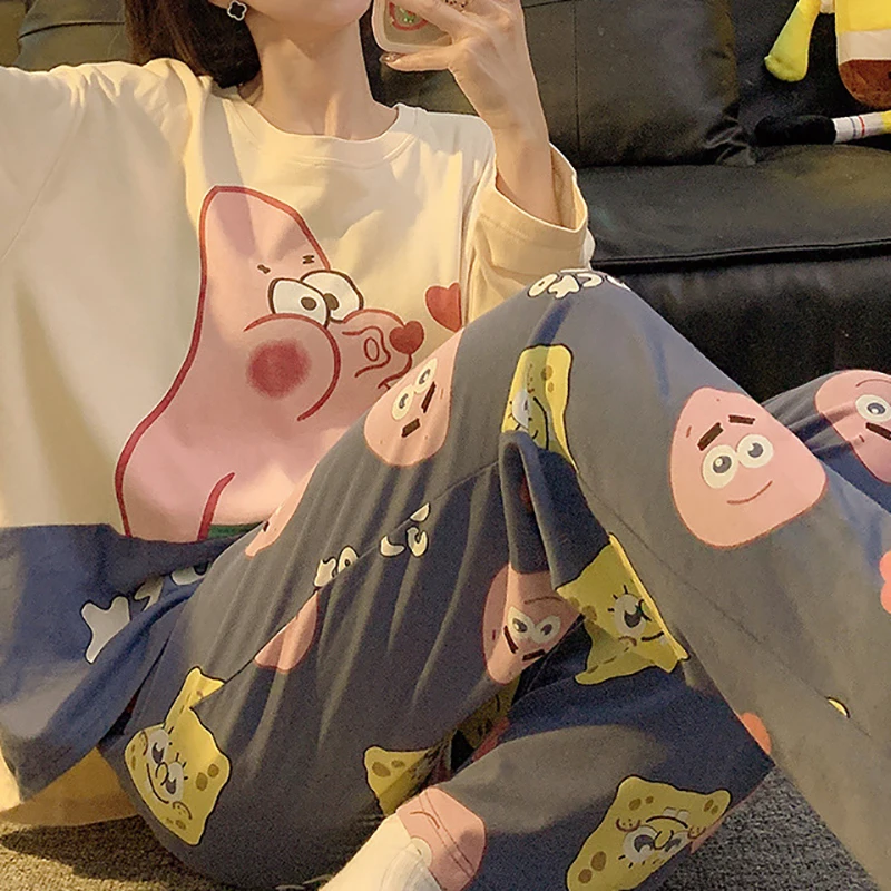 2-piece Set SpongeBob Patrick Star Sleepwear Women Pajamas Long Sleeved Trousers Cartoon Anime Autumn Cute Round Neck Homewear