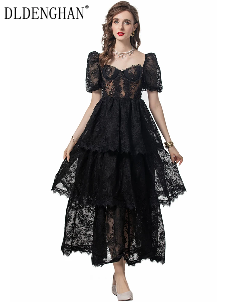 

DLDENGHAN Summer Lace Long Dress Women's Square Collar Puff Sleeve Ruffles England Style Backless Ball Gown Dresses Fashion New