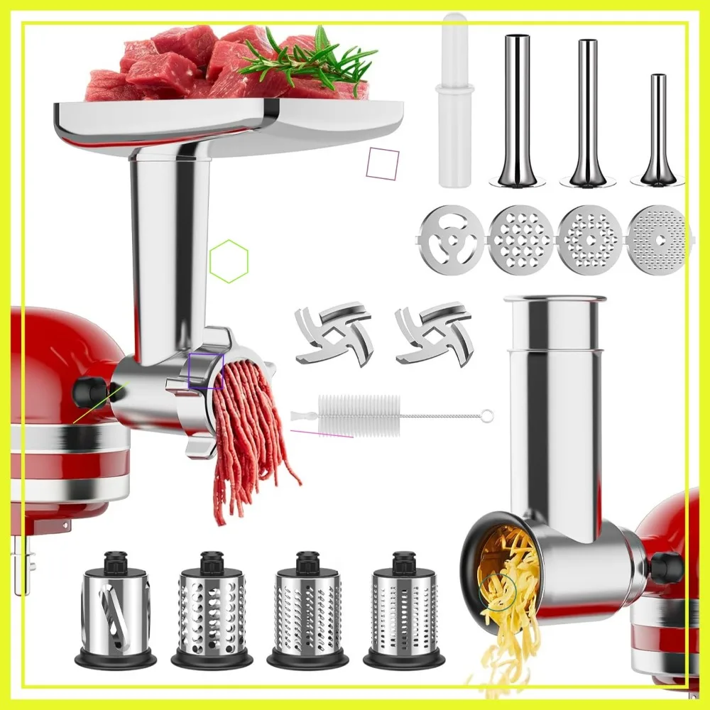 

Versatile Meat Grinder and Cheese Grater Attachment Set for Stand Mixers, Includes Sausage Stuffer and Slicer Shredder