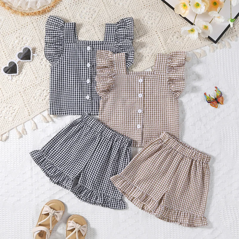 

2024 New Summer Toddler Baby Girl Clothes Suit Flying Sleeved Cotton Plaid Shirt+Shorts Infant Baby Girls Clothing Set