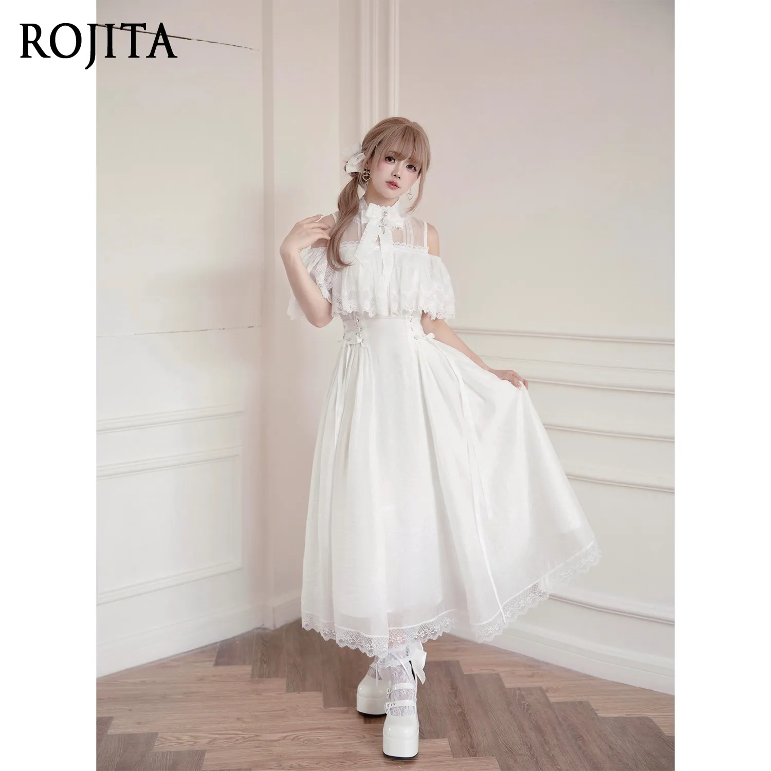 Elegant White Lolita One‑Piece Dress Cold Shoulder Lace Ruffle High Waist Corset Floor‑Length Dress Summer Dress