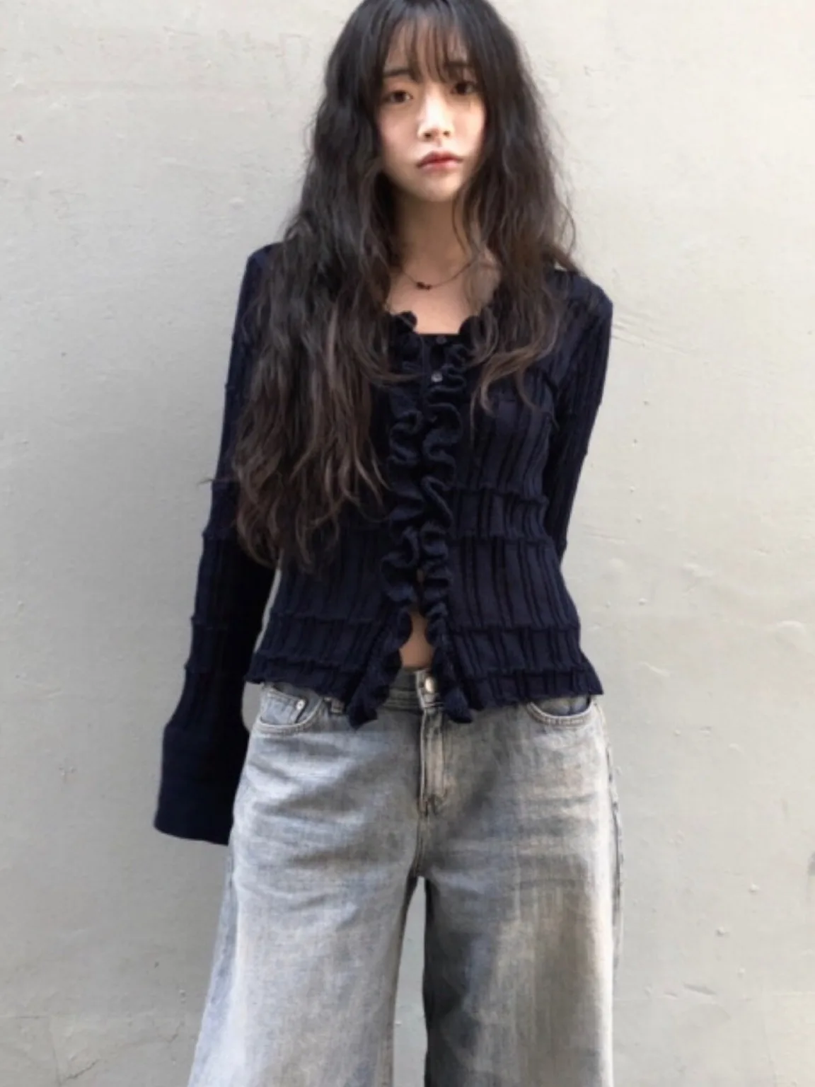 Korean Style Women's Knitted Open Cardigan Ruffle Splicing Pleated Slimming Top Fashion Design Vintage Autumn Wear