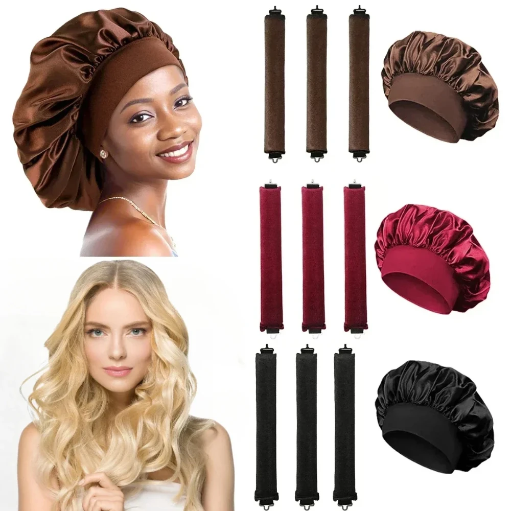 Heatless Hair Curler Satin Sleeping Cap Set No Heat Hair Rollers Curling Rod Headband Soft Curlers Lazy Curls Bonnet Night Hat