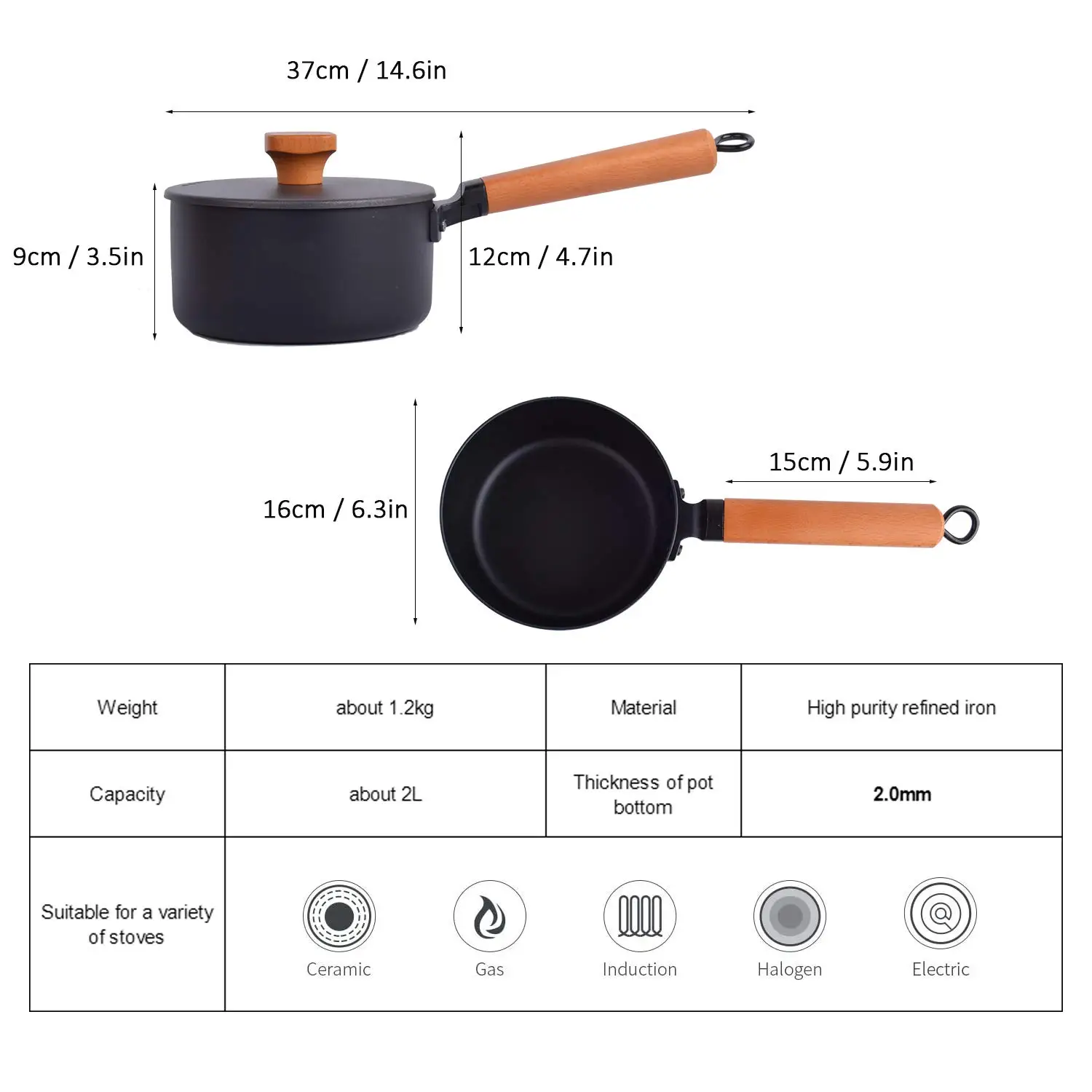 Imagem -05 - Panela de Leite de Ferro Fundido Antiaderente Pote de Molho com Cabo de Madeira Molho para Alimentos Complementares e Sopa de Macarrão Panelas de Cozinha 16cm