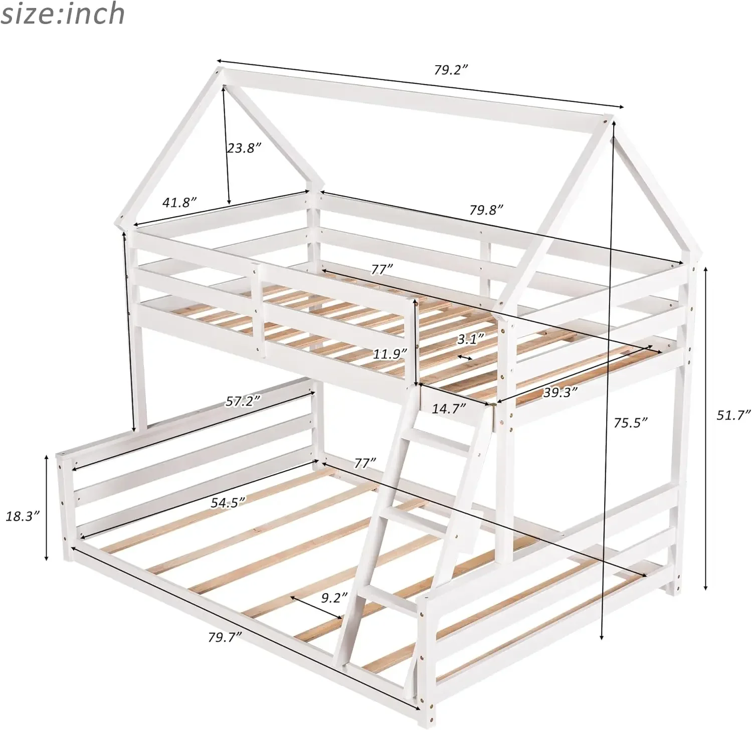 Wood Bunk Bed with Ladder Twin Over Full,Montessori Low Bunk Bed for Boys, Girls Space-Saving,No Box Spring Needed White