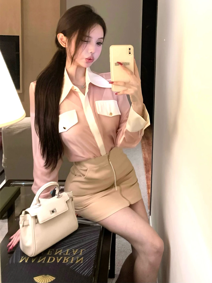 Early Autumn Korean Style Shirt Color Block Satin Inner Wear Translucent Design High Waist Short Skirt Three Piece Set