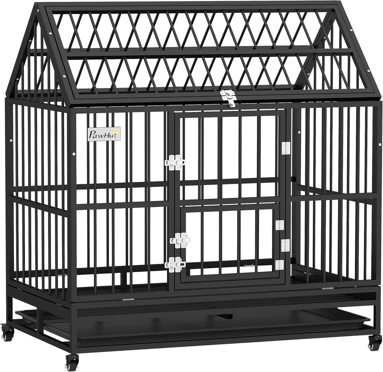 

48' Heavy Duty Dog Crate, Strong Steel Large Dog Crate with 4 Lockable Wheels, Double Doors, Openable