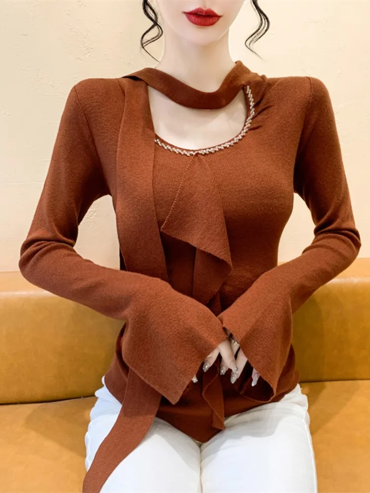 Ele redondo ne longo sve blusa de malha feminina moda primavera outono pérola grânulo embelezado blusa commute sle