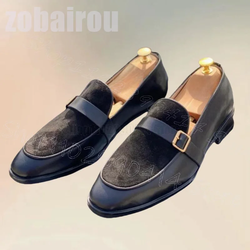 Black Buckle Decor Leather Splicing Suede Loafers Fashion Slip On Men Shoes Luxury Handmade Party Dating Office Men Dress Shoes